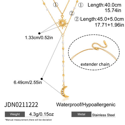 18K Gold Eclipse Spark Sun and Moon Pearl Pendant Y shape Lariat Layered Necklace