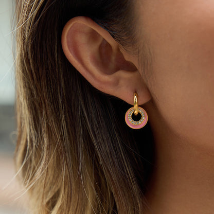 18K Gold Blush Pop Pink Disc Small Hoop Dangle Huggie Earrings