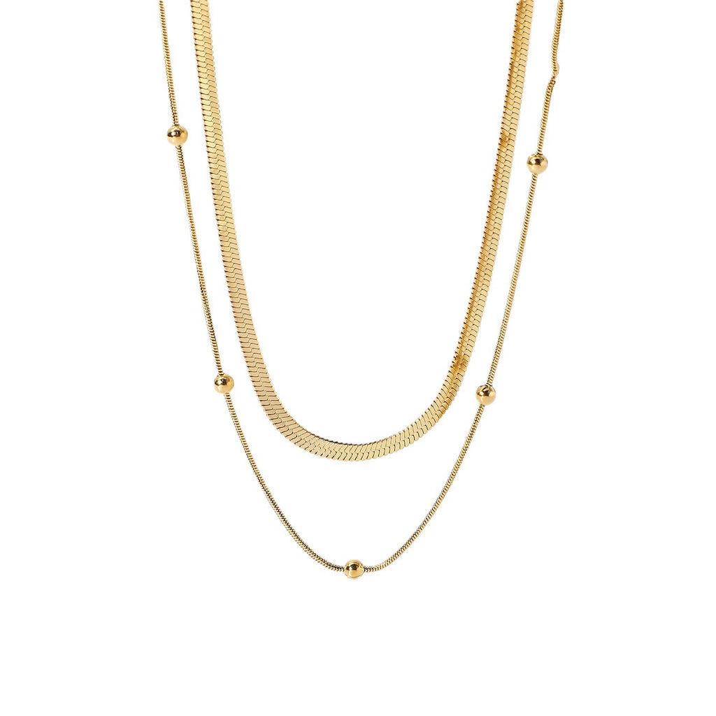 18K Gold Herringbone Beaded Chain Layered Necklace