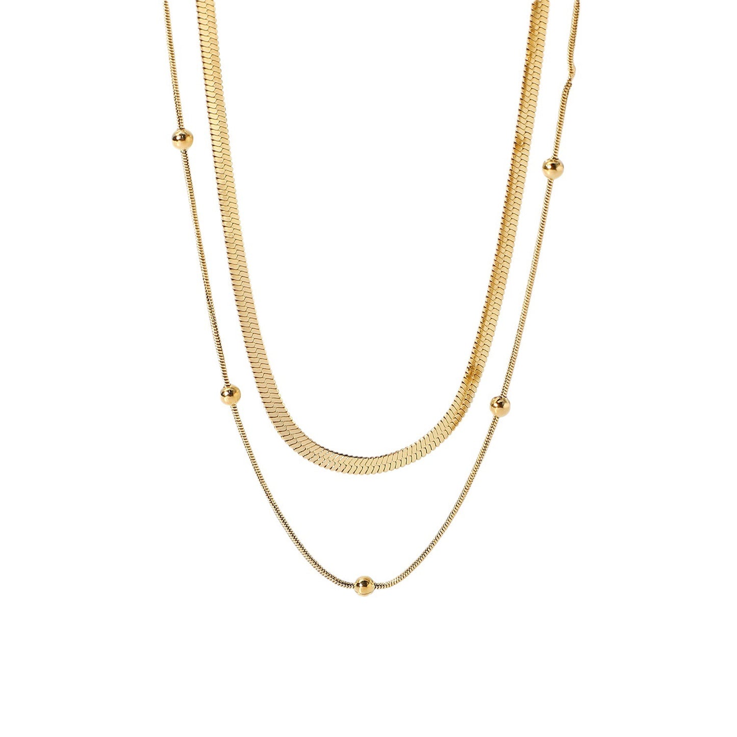 18K Gold Herringbone Beaded Chain Layered Necklace