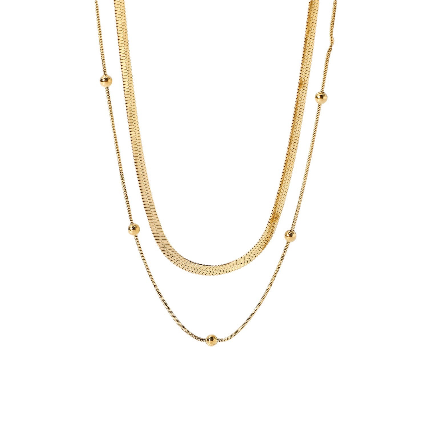 18K Gold Herringbone Beaded Chain Layered Necklace