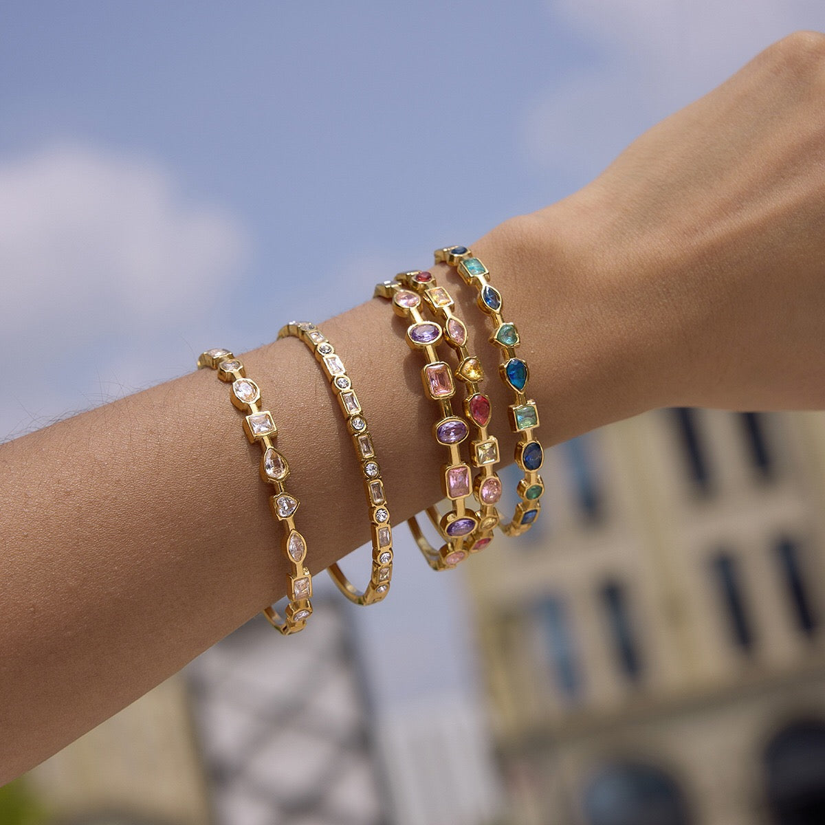 18K Gold Starlight Seduction Color Gem Bangle Bracelet