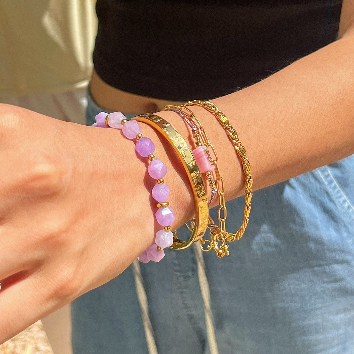 18K Gold Purple Dream Beaded Chain Butterfly Bangle Bracelet Stack
