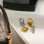 18K Gold and Silver Two Tone Love Lock Statement Stud Dangle Earrings