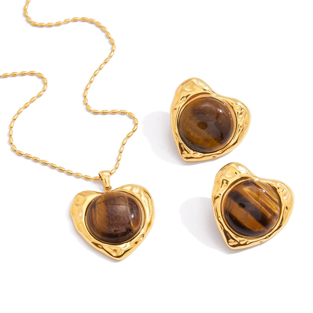 18K Gold Amber Kiss Tiger Eye Gemstone Heart Pendant Necklace