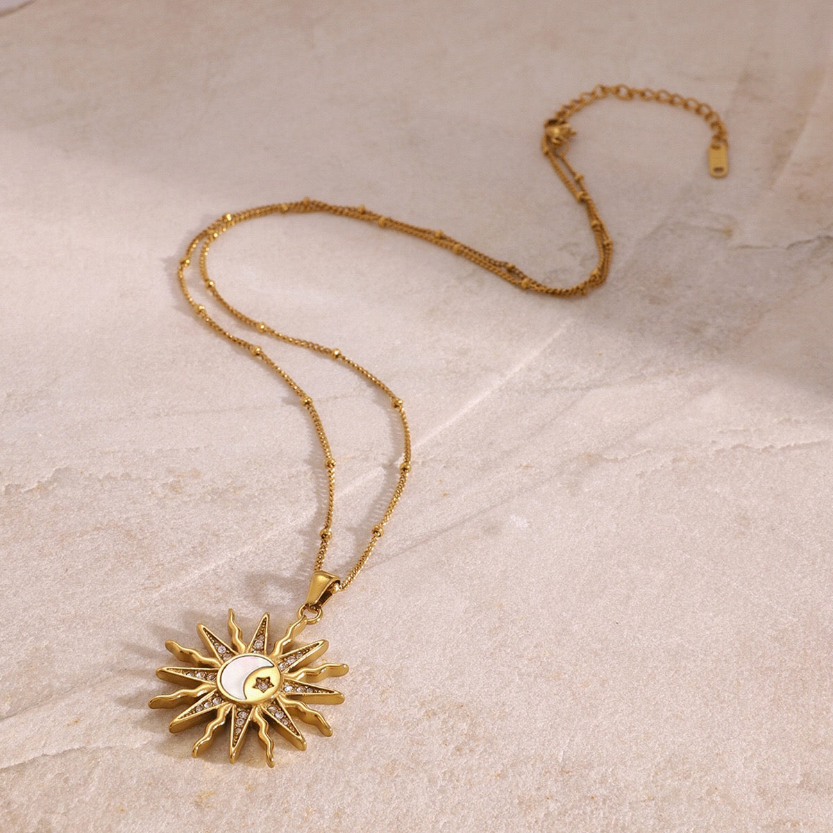 18K Gold Bright Sun Pendant Statement Long Necklace