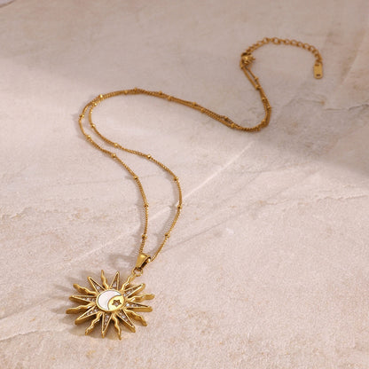 18K Gold Bright Sun Pendant Statement Long Necklace