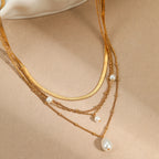 18K Gold Pearl Pendant Herringbone Chain Layered Necklace Set