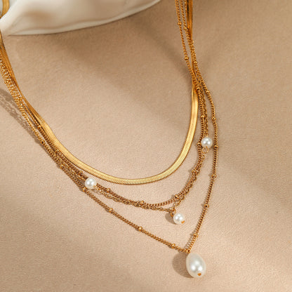 18K Gold Pearl Pendant Herringbone Chain Layered Necklace Set