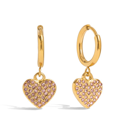 18K Gold Affection Pave Heart Dangle Small Hoop Huggie Earrings