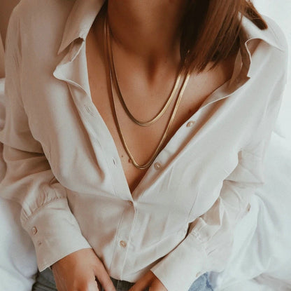 18K Gold Herringbone Snake Chain Extra Long Layered Necklace Set