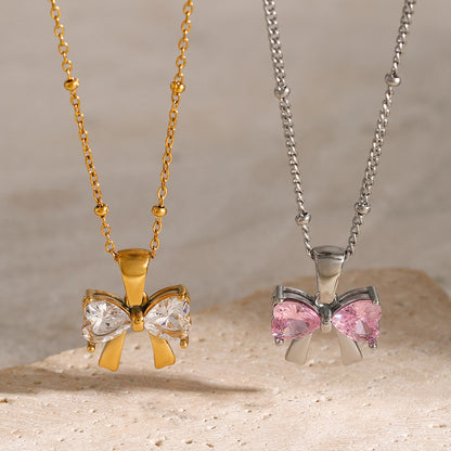 18K Gold Bling Coquette Bow Pendant CZ Necklace