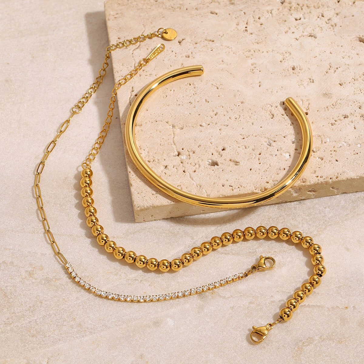 18K Gold The Fine Edit Beaded Chain Tennis Cuff Bangle Bracelet Stack