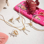 18K Gold Coquette Bow Pearl Pendant Double Chain Layered Necklace Set
