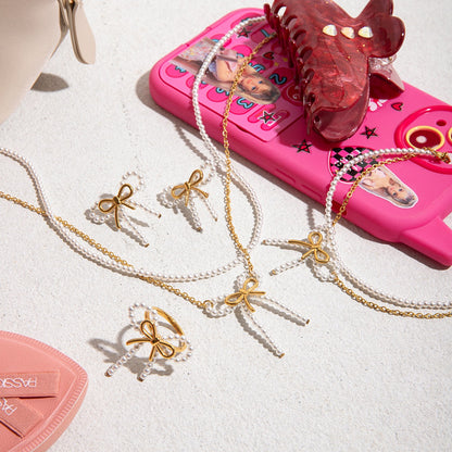 18K Gold Coquette Bow Pearl Pendant Double Chain Layered Necklace Set