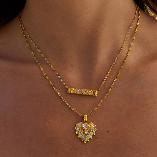 18K Gold Heart Signal Pendant Layered Necklace Set