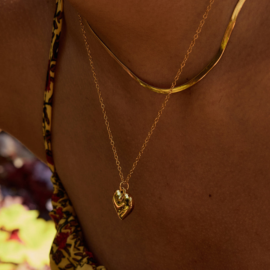 18K Gold Heart Pendant Herringbone Snake Chain Layered Necklace