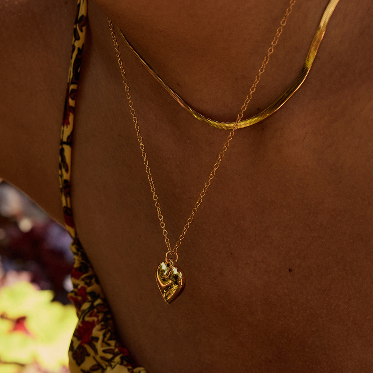 18K Gold Heart Pendant Herringbone Snake Chain Layered Necklace