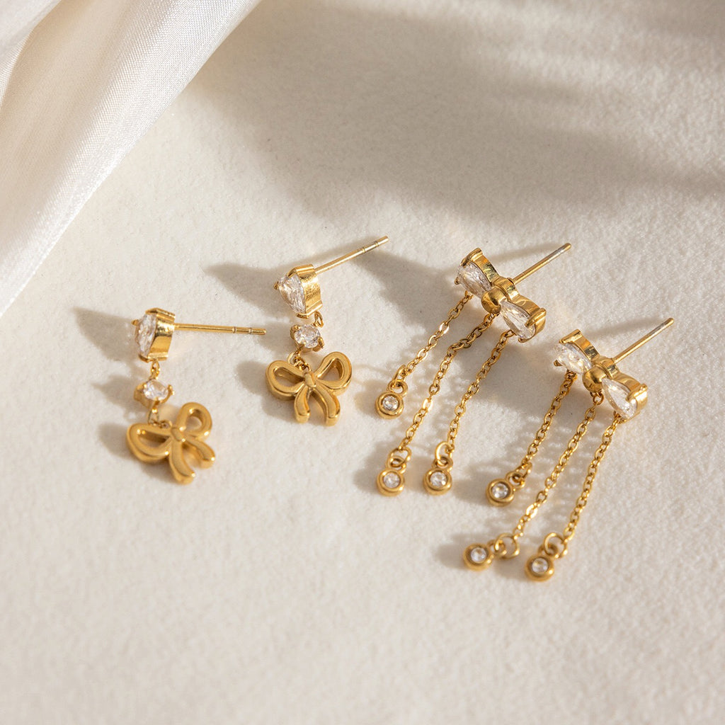 18K Gold Little Bow Charm Dangle Stud Earrings