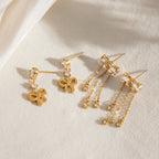 18K Gold Little Bow Charm Dangle Stud Earrings