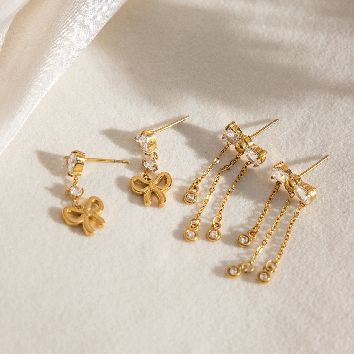 18K Gold Little Bow Charm Dangle Stud Earrings