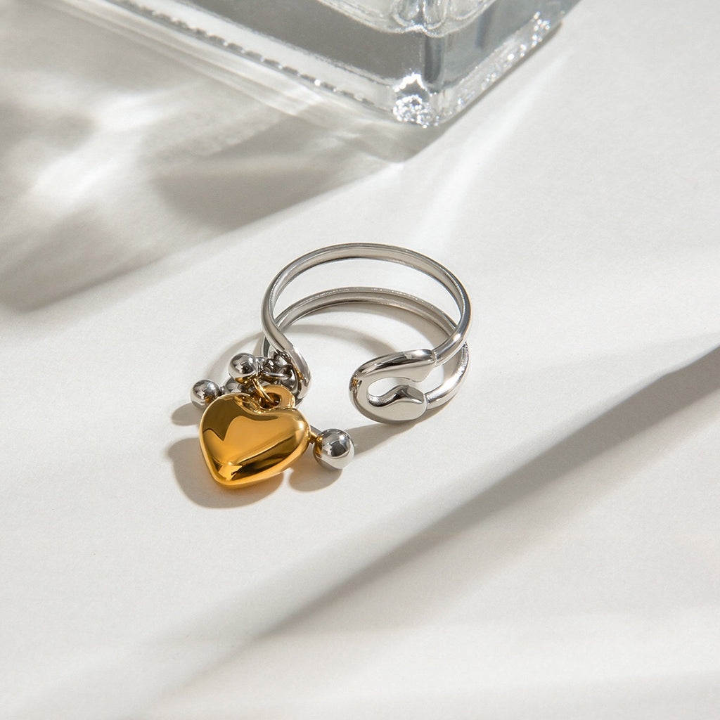 18K Gold and Silver Two Tone Safety Pin Band Heart Charm Ring