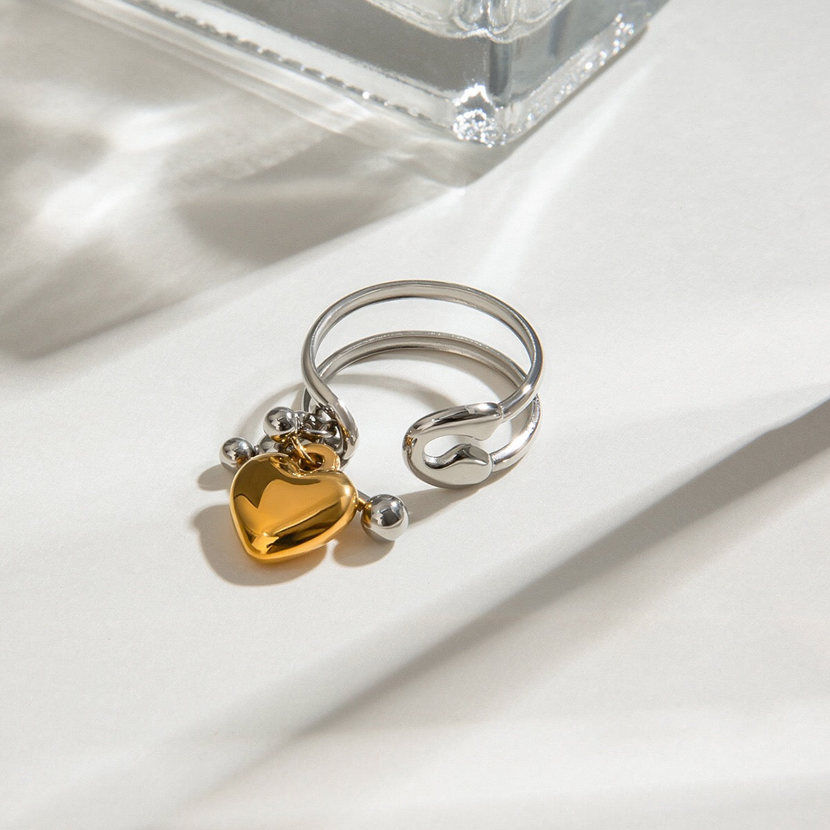 18K Gold and Silver Two Tone Safety Pin Band Heart Charm Ring