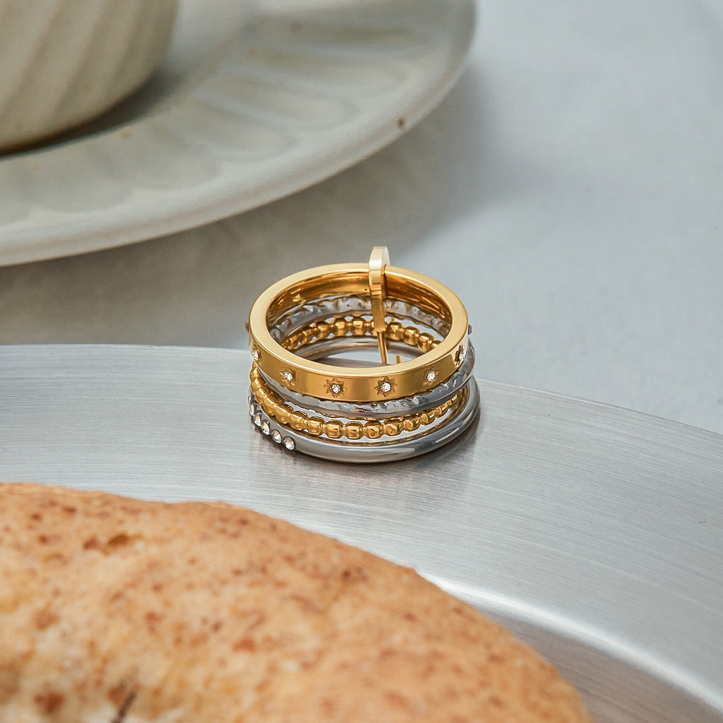 18K Gold and Silver Two Tone Safety Pin Spinelli Connected Multi Layers Stacking Ring