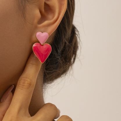 18K Gold Pink Heart Dangle Earrings