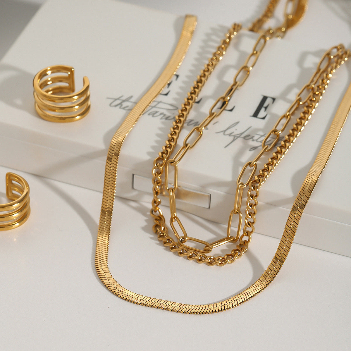 18K Gold Herringbone Snake Chain Paperclip Layered Necklace Set