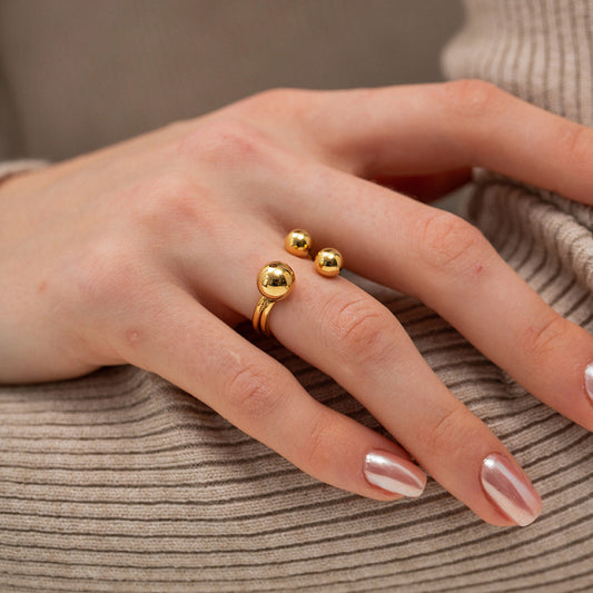 18K Gold Three Beads Cuff Ring