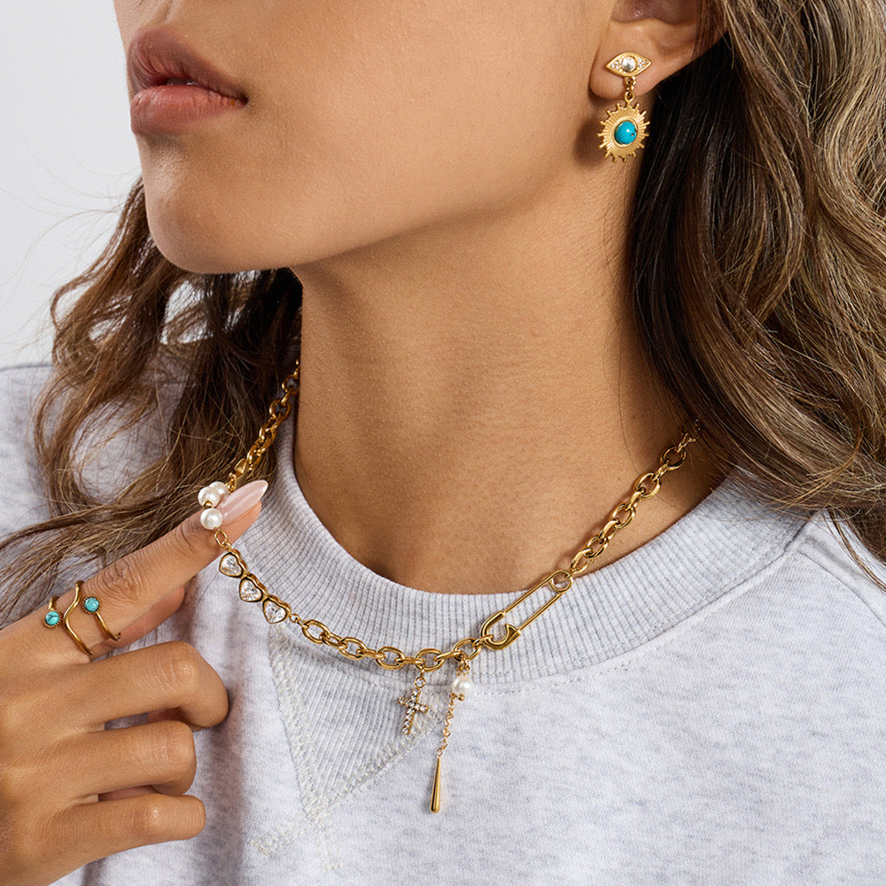 18K Gold Y2K Safty Pin Heart Pearl Cross Chain Necklace