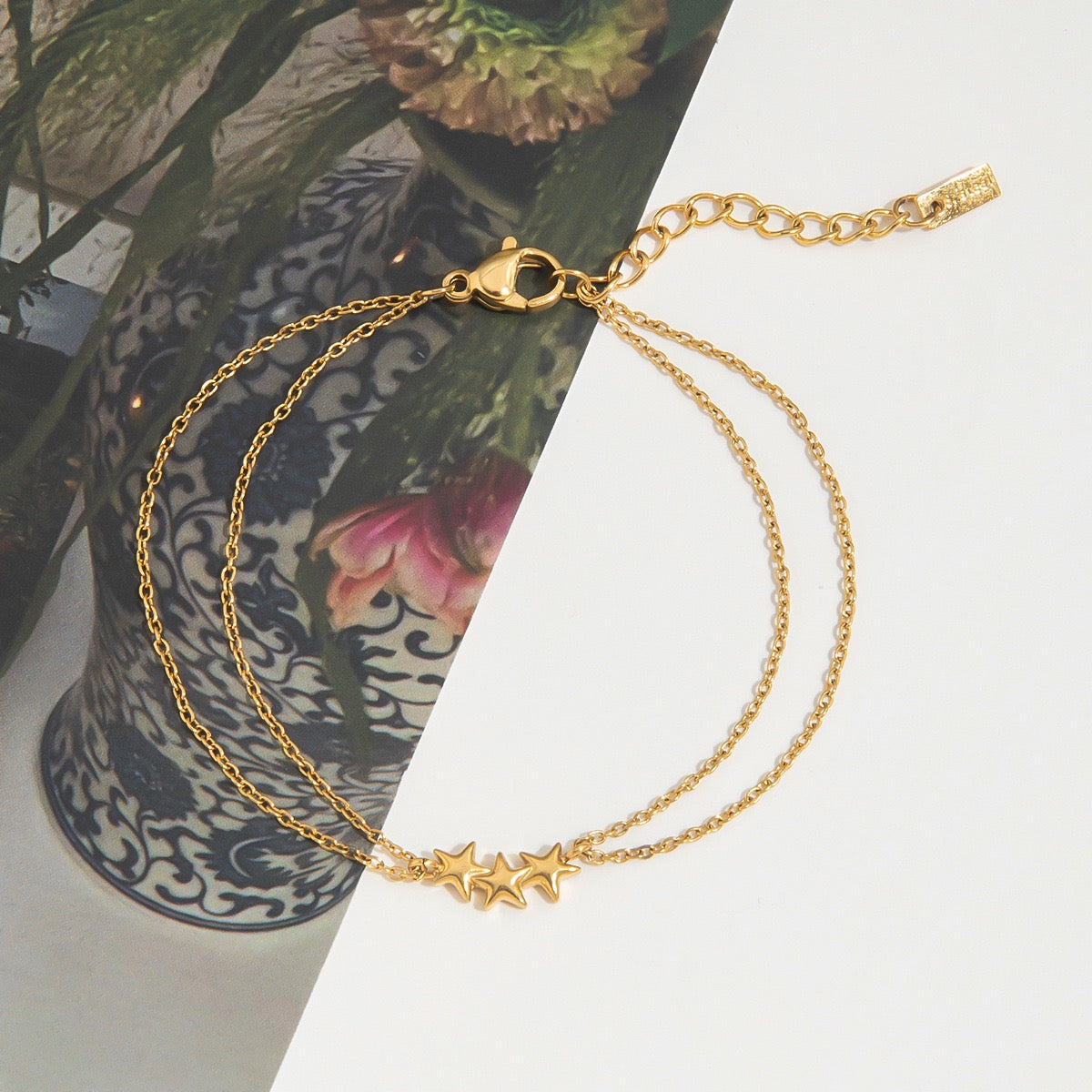 18K Gold Stars Align Dainty Chain Colorful Hearts Bracelet Stack
