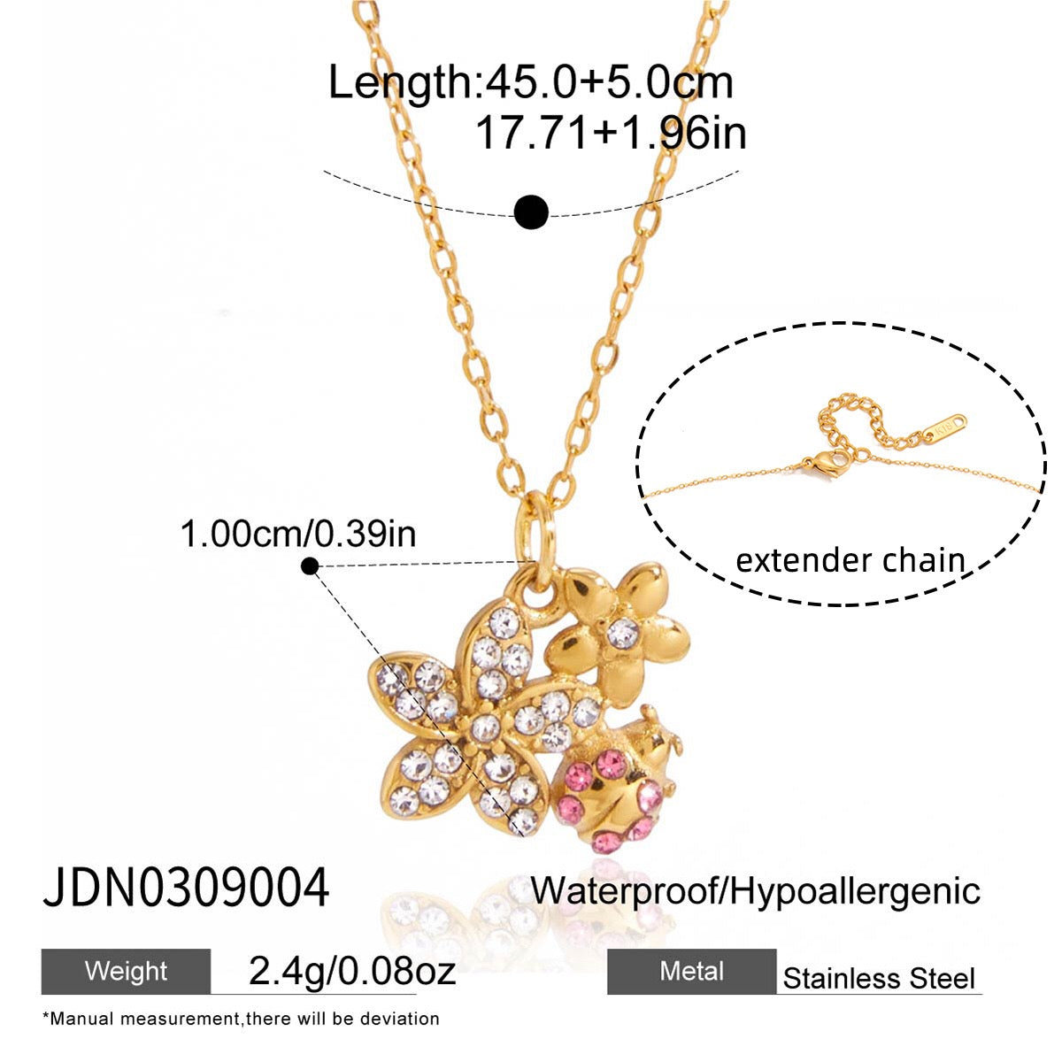 18K Gold Enchanted Garden Pave Dragonfly Ladybug Flower Dainty Pendant Necklace