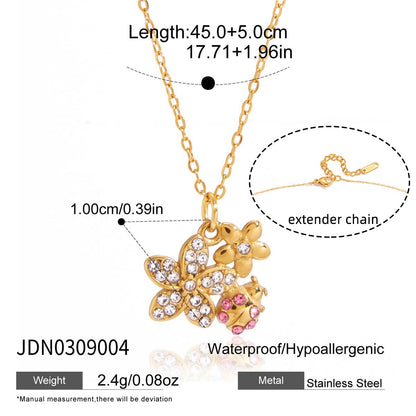 18K Gold Enchanted Garden Pave Dragonfly Ladybug Flower Dainty Pendant Necklace