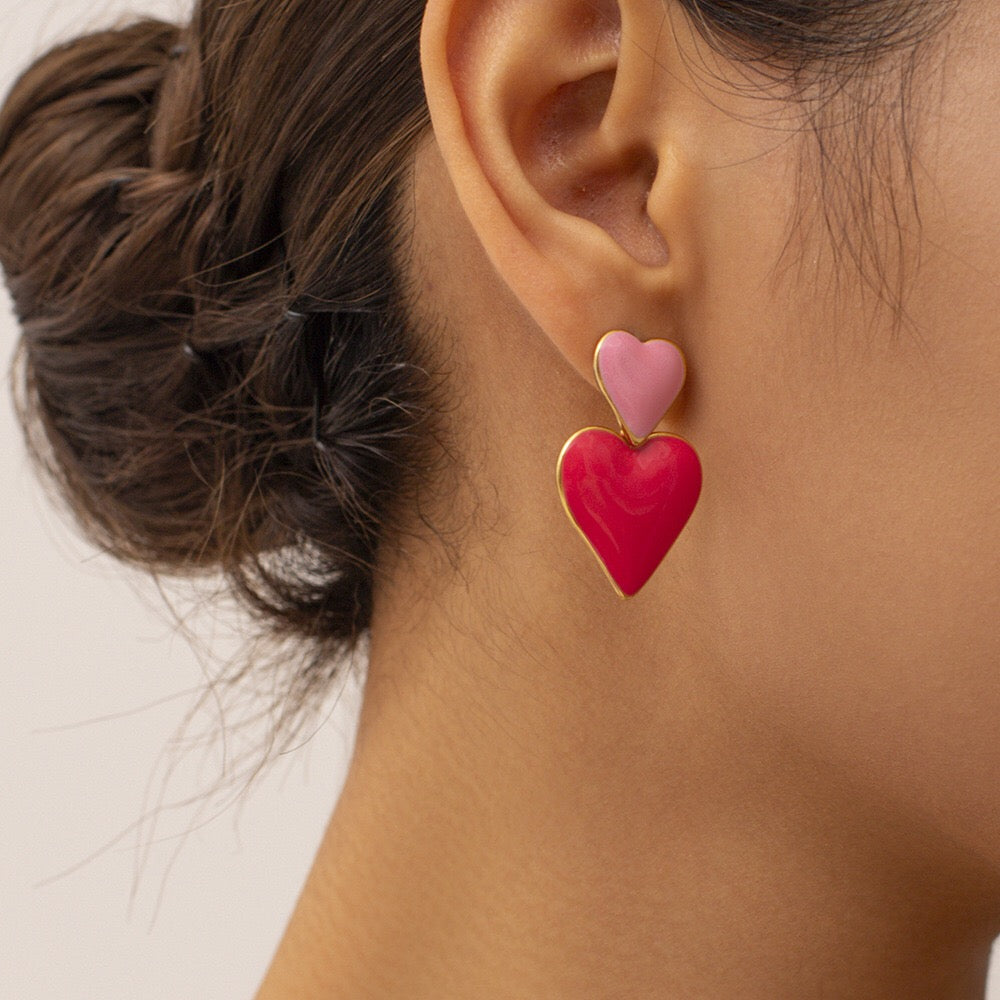 18K Gold Pink Heart Dangle Earrings