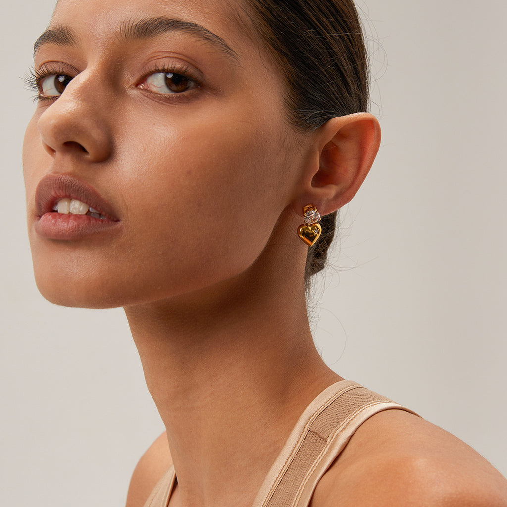 18K Gold Flirting Heart Drop Dangle CZ Earrings