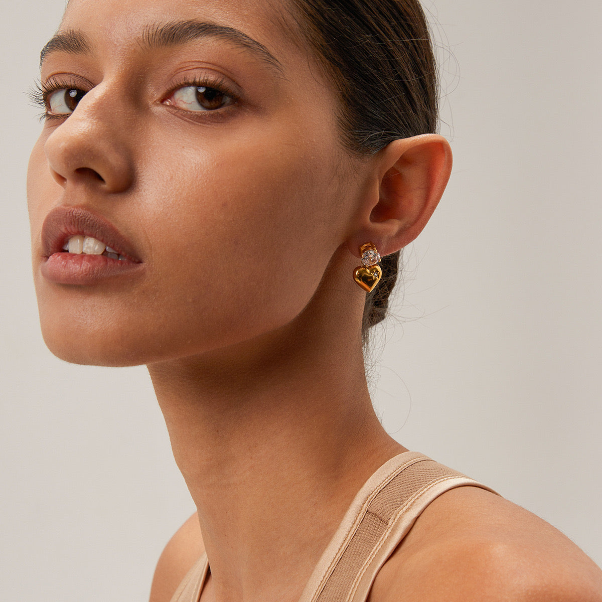 18K Gold Flirting Heart Drop Dangle CZ Earrings
