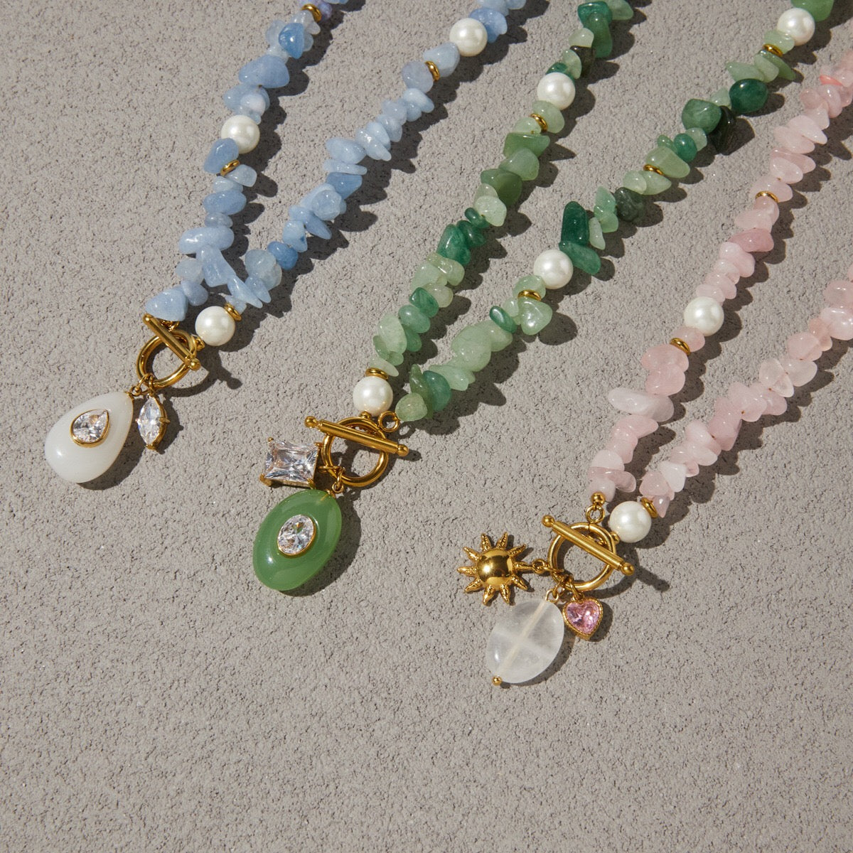 18K Gold Island Charm Natural Stone Beaded Necklace