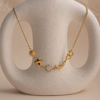18K Gold Celestial Dream Sun Moon Star Heart Charm Necklace
