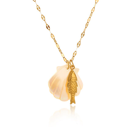 18K Gold Mother of Pearl Seashell Ocean Charm Pendant Necklace
