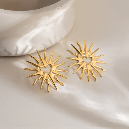 18K Gold Sunburst Heart Statement Stud Earrings