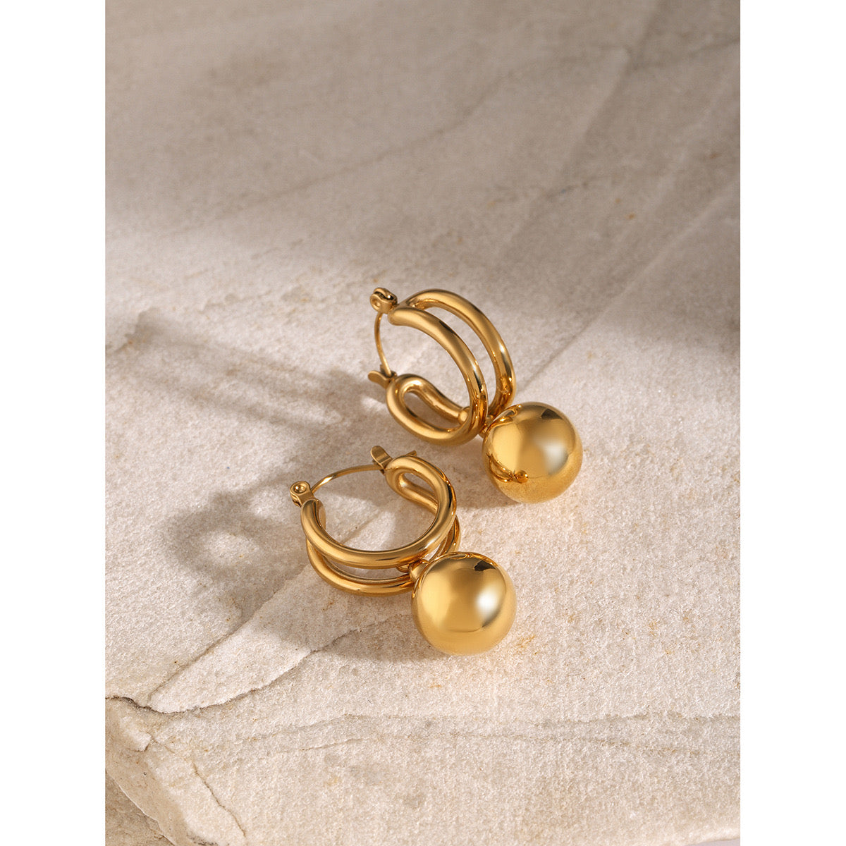 18K Gold Slideable Ball Drop Dangle Huggie Earrings