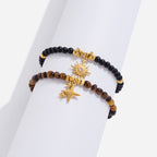 18K Gold Tiger Eye Starry Charm Beaded Bracelet Stack