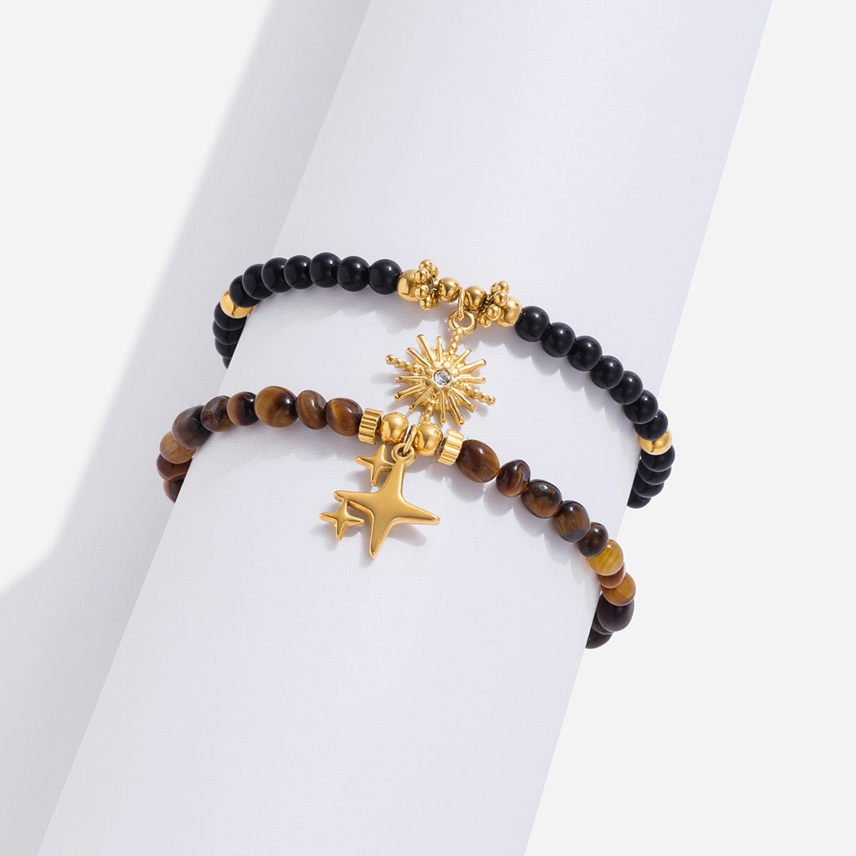 18K Gold Tiger Eye Starry Charm Beaded Bracelet Stack