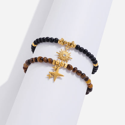 18K Gold Tiger Eye Starry Charm Beaded Bracelet Stack
