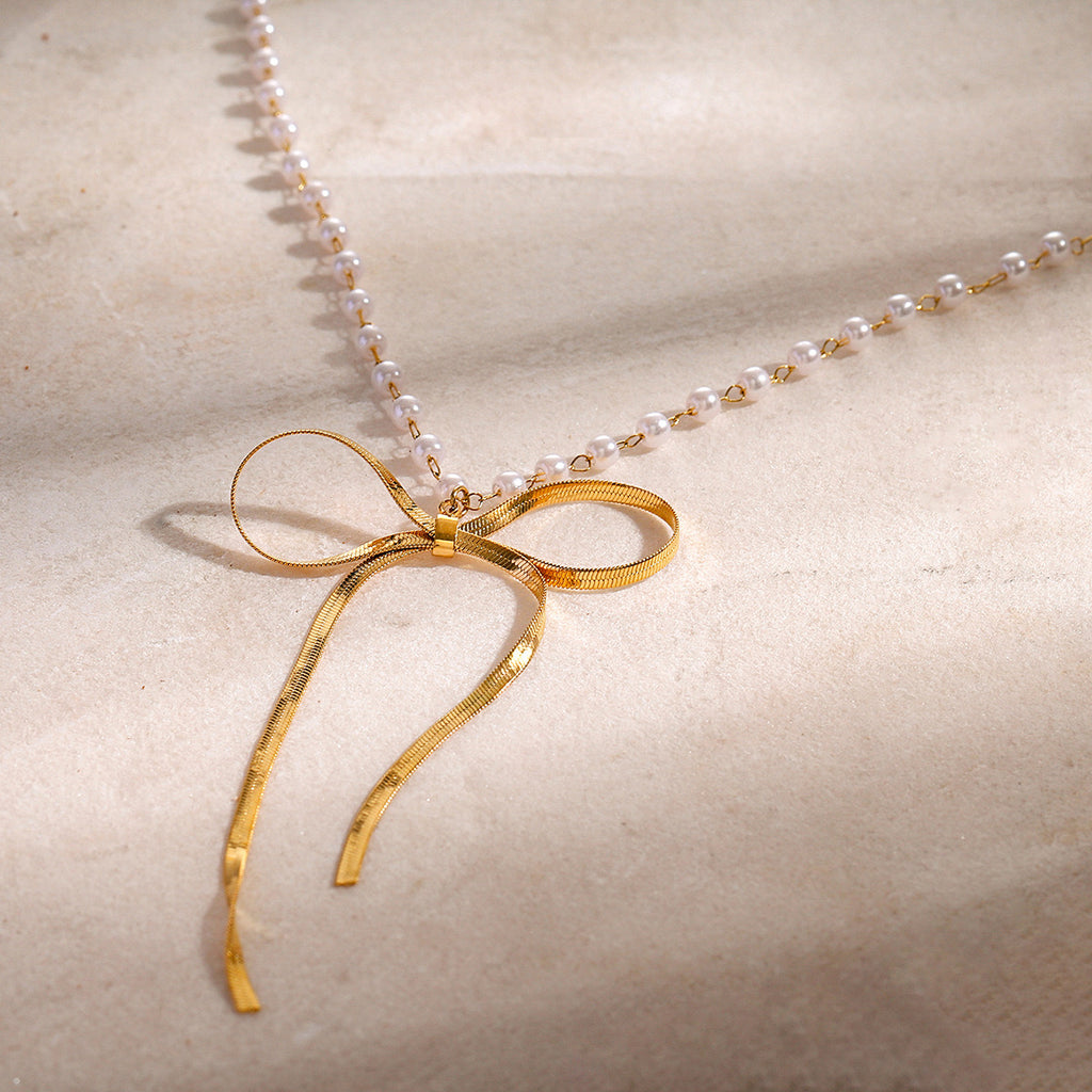 18K Gold Ribbon Bow Pearl Chain Pendant Necklace