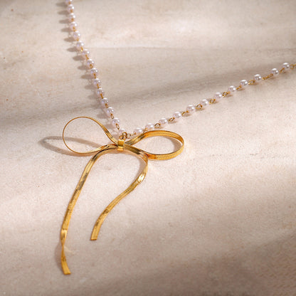 18K Gold Ribbon Bow Pearl Chain Pendant Necklace