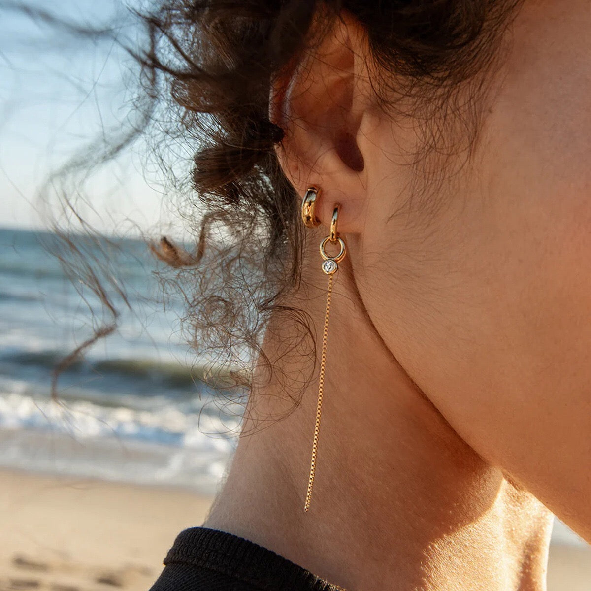 18K Gold Elite Long Drop Small Hoop Huggie Earrings