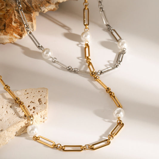 18K Gold Paperclip Chain Pearl Chain Extra Long Necklace